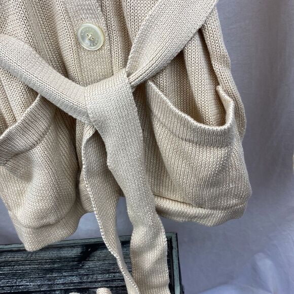 Ralph Lauren tan woven knit long sleeve button front belted cardigan, sweater L - Picture 4 of 8